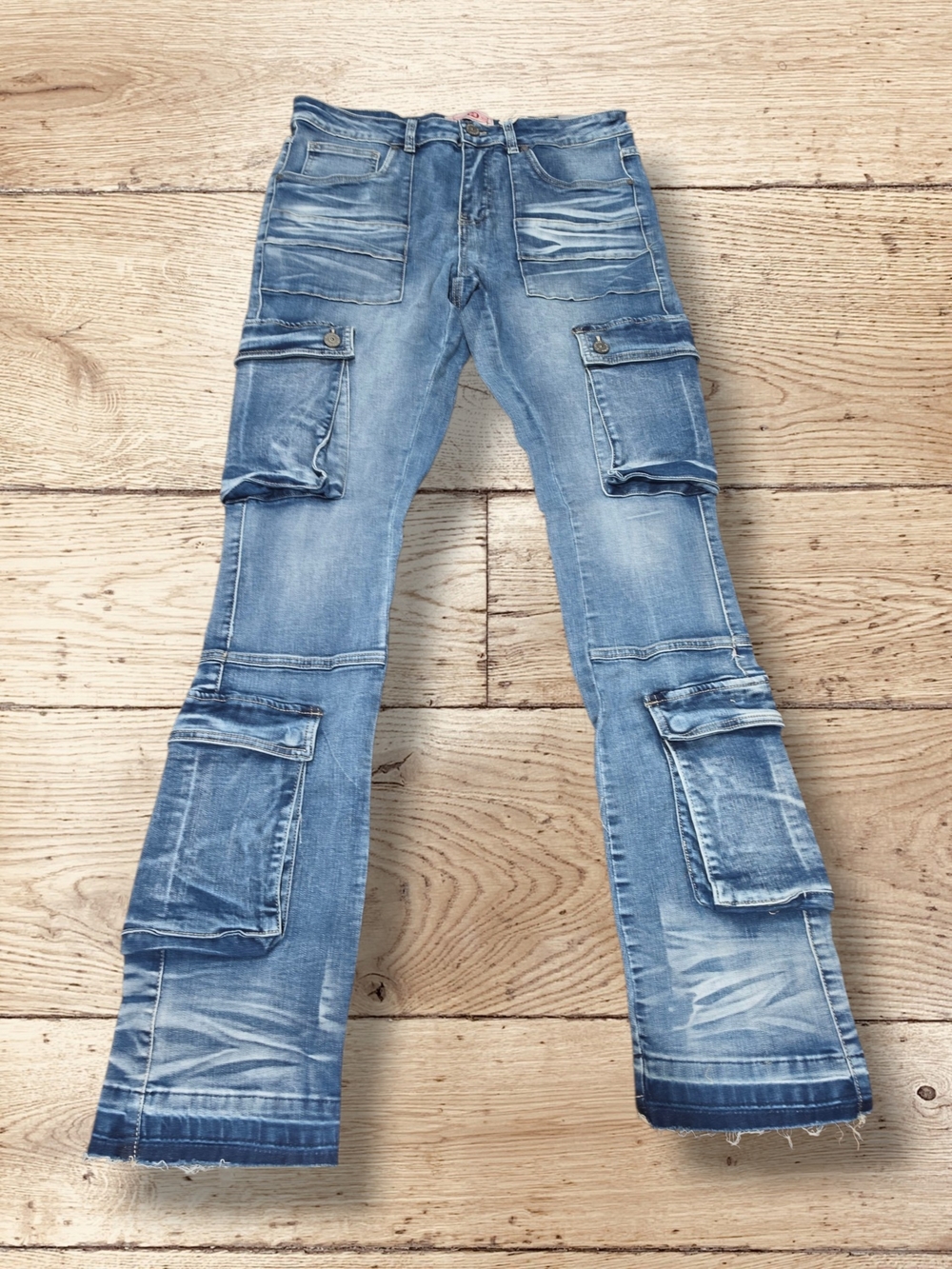 Men’s Blue Cargo Jeans Multi Pocket Distressed Size 34x36